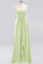 Spaghetti Sleeveless Ruffles A-line Chiffon Bridesmaid Dresses Straps Evening Maxi Dress