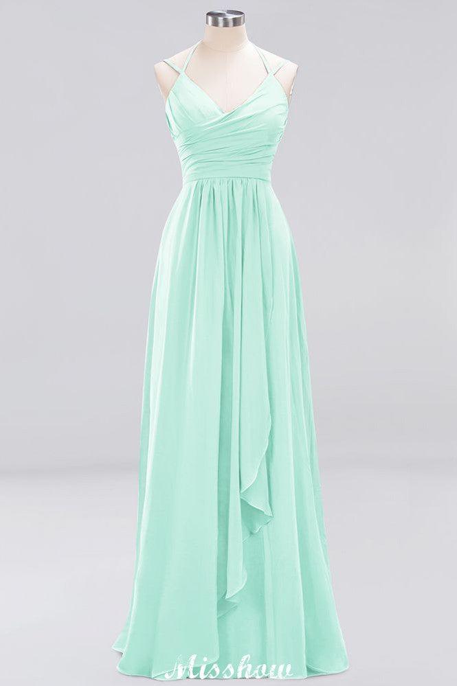 Spaghetti Sleeveless Ruffles A-line Chiffon Bridesmaid Dresses Straps Evening Maxi Dress