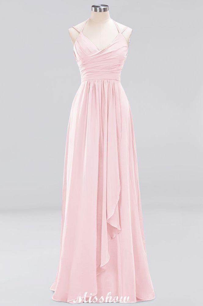 Spaghetti Sleeveless Ruffles A-line Chiffon Bridesmaid Dresses Straps Evening Maxi Dress