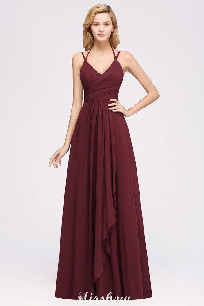 Spaghetti Sleeveless Ruffles A-line Chiffon Bridesmaid Dresses Straps Evening Maxi Dress