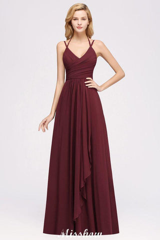 Spaghetti Ärmellose Rüschen A-Linie Chiffon Brautjungfernkleider Träger Abend Maxikleid