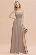 Spaghetti Slim Side Split Bridesmaid Dress Sky Blue V-Neck Wedding Party Dress
