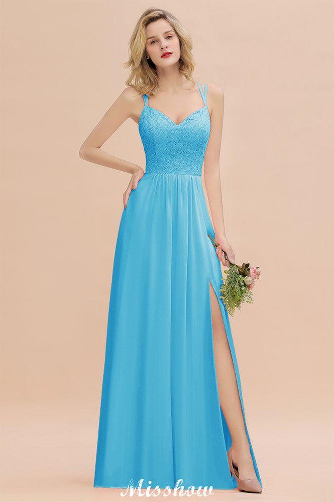 Spaghetti Slim Side Split Bridesmaid Dress Sky Blue V-Neck Wedding Party Dress