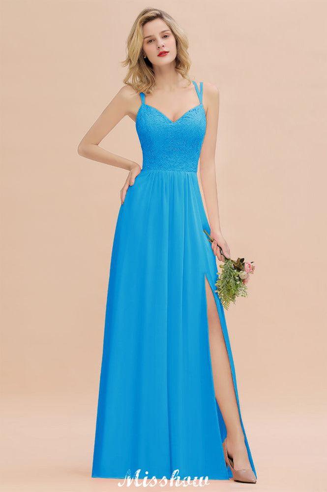 Spaghetti Slim Side Split Bridesmaid Dress Sky Blue V-Neck Wedding Party Dress