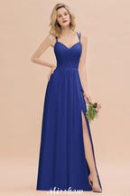 Spaghetti Slim Side Split Bridesmaid Dress Sky Blue V-Neck Wedding Party Dress