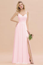 Spaghetti Slim Side Split Bridesmaid Dress Sky Blue V-Neck Wedding Party Dress