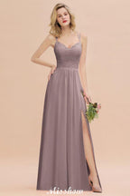 Spaghetti Slim Side Split Bridesmaid Dress Sky Blue V-Neck Wedding Party Dress