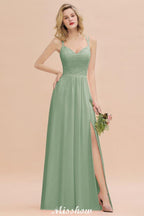 Spaghetti Slim Side Split Bridesmaid Dress Sky Blue V-Neck Wedding Party Dress