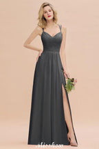 Spaghetti Slim Side Split Bridesmaid Dress Sky Blue V-Neck Wedding Party Dress