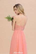 Spaghetti Slim Side Split Bridesmaid Dress Sky Blue V-Neck Wedding Party Dress