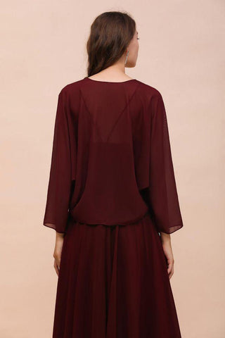 Burgunderrotes Brautjungfernkleid mit Spaghettiträgern und Wickeln, bodenlanges Hochzeitsgastkleid