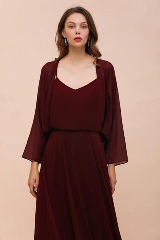 Burgunderrotes Brautjungfernkleid mit Spaghettiträgern und Wickeln, bodenlanges Hochzeitsgastkleid