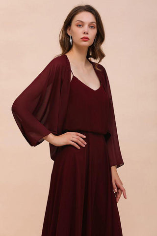 Burgunderrotes Brautjungfernkleid mit Spaghettiträgern und Wickeln, bodenlanges Hochzeitsgastkleid