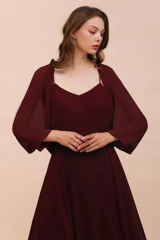 Burgunderrotes Brautjungfernkleid mit Spaghettiträgern und Wickeln, bodenlanges Hochzeitsgastkleid