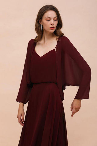 Burgunderrotes Brautjungfernkleid mit Spaghettiträgern und Wickeln, bodenlanges Hochzeitsgastkleid