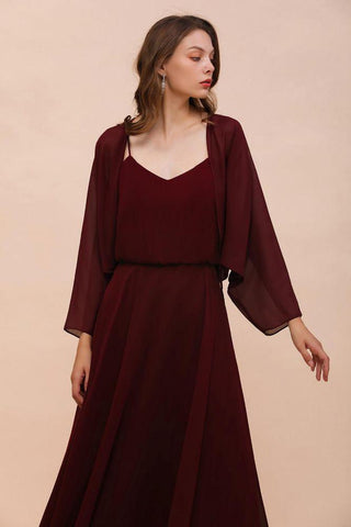 Burgunderrotes Brautjungfernkleid mit Spaghettiträgern und Wickeln, bodenlanges Hochzeitsgastkleid