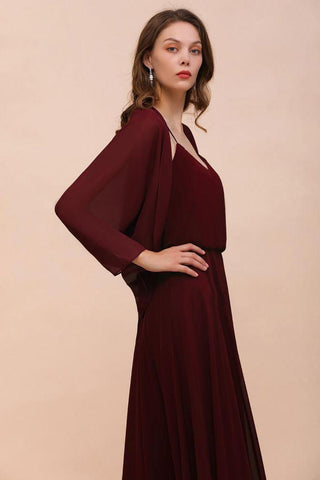 Burgunderrotes Brautjungfernkleid mit Spaghettiträgern und Wickeln, bodenlanges Hochzeitsgastkleid