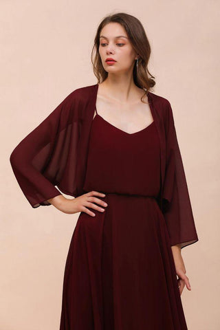 Burgunderrotes Brautjungfernkleid mit Spaghettiträgern und Wickeln, bodenlanges Hochzeitsgastkleid