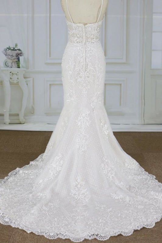Spaghettiträger-Applikationen Hübsche Meerjungfrau Elegante Hochzeitskleider