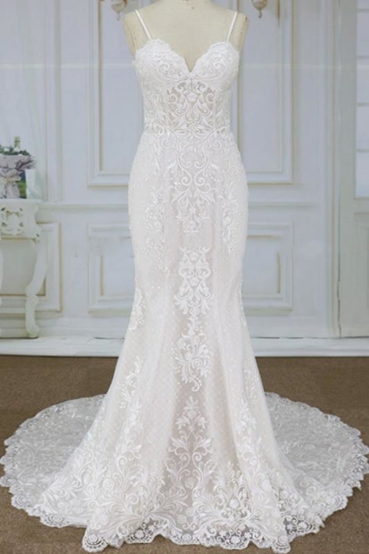 Spaghettiträger-Applikationen Hübsche Meerjungfrau Elegante Hochzeitskleider