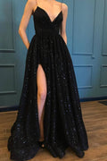 Spaghettiträger Glitzer Beliebtes Schwarzes Langes Ballkleid PG835