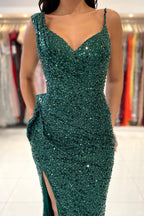 Spaghetti Strap Green Mermaid Long Prom Dress with Split Sequins