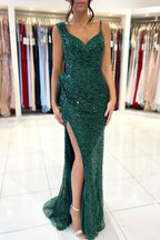 Spaghetti Strap Green Mermaid Long Prom Dress with Split Sequins