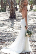 Spaghettiträger-Spitzen-Beach-Backless-V-Ausschnitt-Schleppbahn-Langes Elegantes Hochzeitskleid