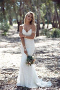 Spaghettiträger-Spitzen-Beach-Backless-V-Ausschnitt-Schleppbahn-Langes Elegantes Hochzeitskleid