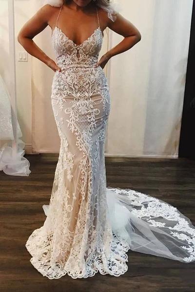 Spaghettiträger-Schönheits-Nixen-Lace-Applikation-Langer-Schlepp-Elegantes-Hochzeitskleid