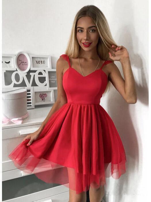 Vestido corto de fiesta rojo con tirantes finos, minivestido para el baile de bienvenida PD305