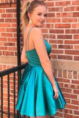 Spaghettiträger V-Ausschnitt Himmelblau Kurzes Ballkleid Homecoming-Kleid PD320