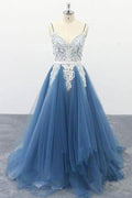 Spaghetti Stringhe A Line Avorio Trapuntato Blu Tulle Abiti da Ballo  PSK009