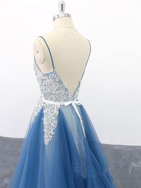 Vestidos de festa com alças finas e corte A, em tule azul marfim, apliques PSK009