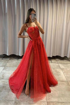 Spaghetti Straps A Line Tulle Long Prom Dress with Slit and Appliques Lace