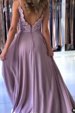 Spaghetti Straps Applique Lace Long A-line Chiffon Prom Dress with Split