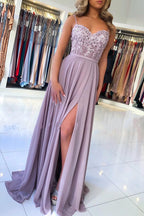 Spaghetti Straps Applique Lace Long A-line Chiffon Prom Dress with Split