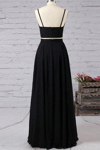 Spaghettiträger, schwarzes, zweiteiliges Chiffon-Ballkleid mit Seitenschlitz, PG731