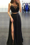 Robe de bal en mousseline noire à deux pièces avec bretelles spaghetti et fente latérale  PG731