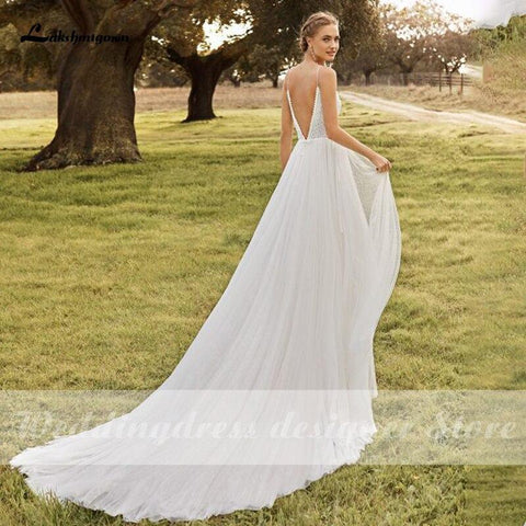 NumberSea Spaghettiträger Boho Brautkleider V-Ausschnitt Rückenfrei