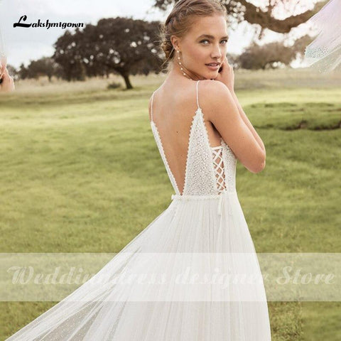NumberSea Spaghettiträger Boho Brautkleider V-Ausschnitt Rückenfrei