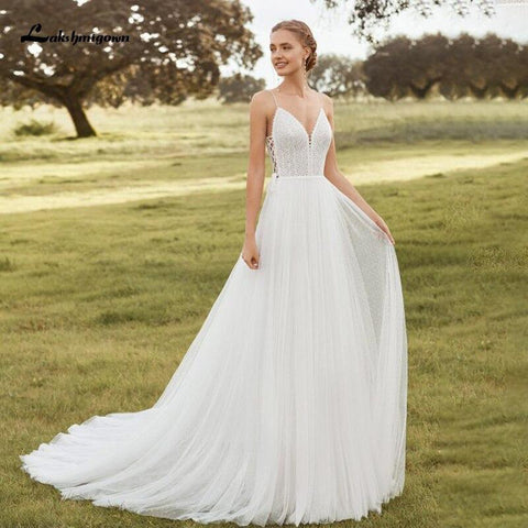 NumberSea Spaghettiträger Boho Brautkleider V-Ausschnitt Rückenfrei