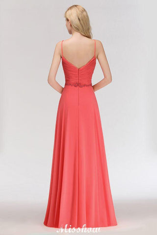 Spaghettiträger Chiffon Aline Abend Maxikleid Ärmellos Perlenbesetzt Brautjungfernkleid