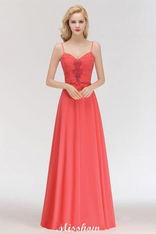 Spaghettiträger Chiffon Aline Abend Maxikleid Ärmellos Perlenbesetzt Brautjungfernkleid