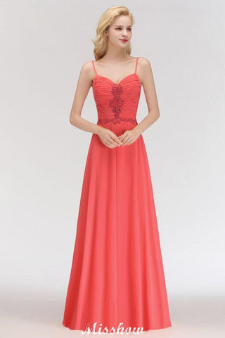 Spaghettiträger Chiffon Aline Abend Maxikleid Ärmellos Perlenbesetzt Brautjungfernkleid