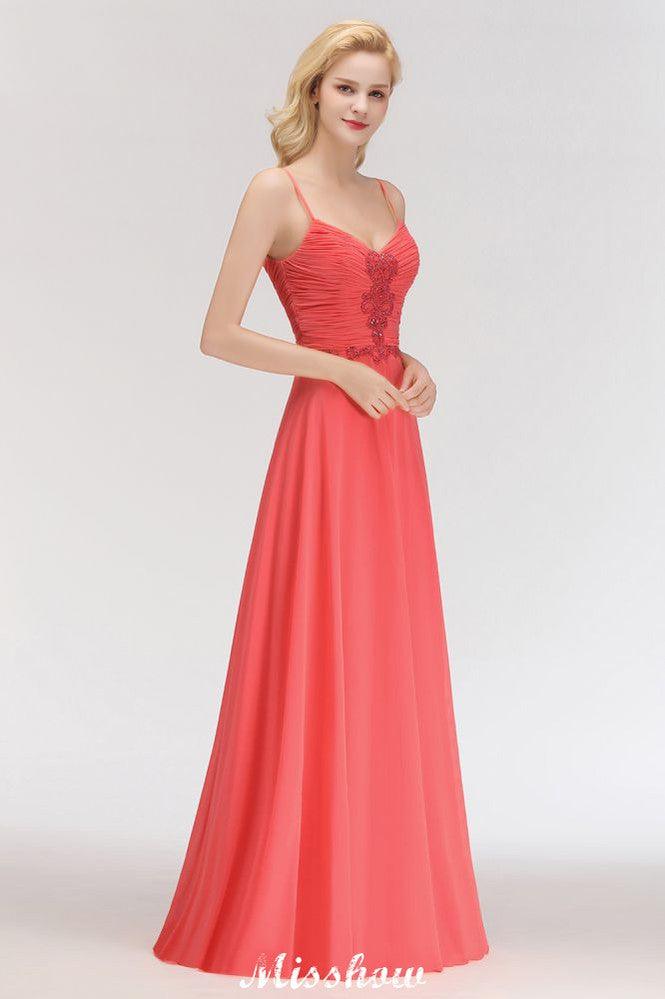 Spaghetti Straps Chiffon Aline Evening Maxi Gown Sleeveless Beading Bridesmaid Dress