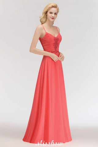Spaghettiträger Chiffon Aline Abend Maxikleid Ärmellos Perlenbesetzt Brautjungfernkleid
