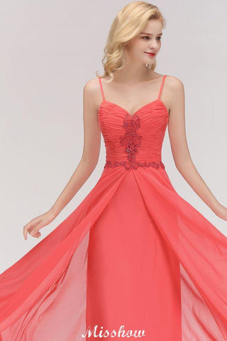 Spaghettiträger Chiffon Aline Abend Maxikleid Ärmellos Perlenbesetzt Brautjungfernkleid