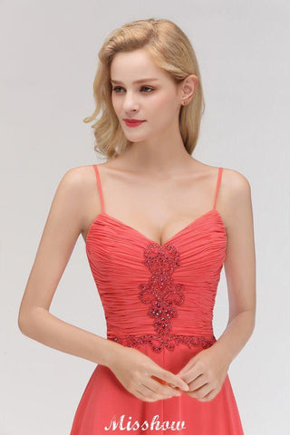 Spaghettiträger Chiffon Aline Abend Maxikleid Ärmellos Perlenbesetzt Brautjungfernkleid