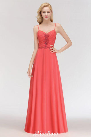 Spaghettiträger Chiffon Aline Abend Maxikleid Ärmellos Perlenbesetzt Brautjungfernkleid
